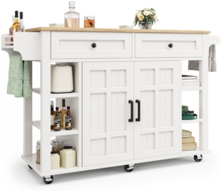 SeedWave Kücheninsel mit klappbarer 65 cm Arbeitsplatte, 2 großen Schubladen, 125L Schrank, offenen Seitenfächern, Handtuch- & Gewürzhalter, Rollen mit Bremse