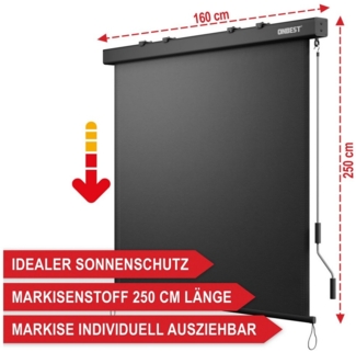 Onbest Senkrechtmarkise Vertikalmarkise mit Handkurbel inklusive Montagematerial 250 x 160 cm, Schmutzabweisend, Wetterfest, UV-Beständig