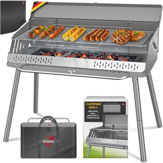 KESSER® Klappgrill tragbarer Camping Grill | Holzkohlegrill aus pulverbeschichtetem Stahl inklusive Grillrost, Grillmatte & Tragetasche | Faltbar BBQ ideal für Camping, Picknick & Angeln Silber, Mit Beine