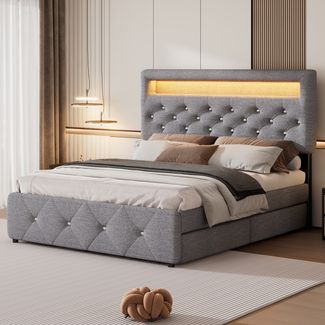 Polsterbett 140x200 cm mit Bettauszug und Lichtleiste – modernes Design in Grau, ohne Matratze