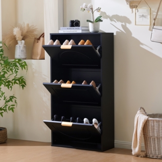 Merax Schuhschrank, Schuhkipper Schmal mit 3 Klappen, Schuhkommode für Flur Wohnzimmer, Schwarz