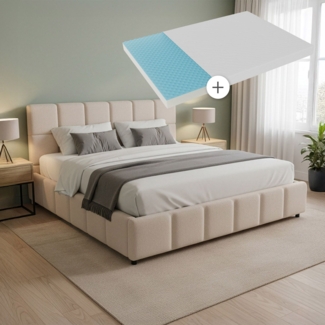 Juskys Polsterbett Florenz 180x200 cm mit Matratze – Bouclé, modernes Bett mit Kopf- & Fußteil, stabilem Holz- & Metallrahmen, Lattenrost, 500 kg Tragkraft – Beige
