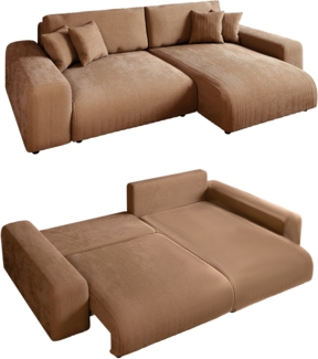 ECKSOFA mit Schlaffunktion, Bettkasten, Wellenunterfederung, seitenverkehrt montierbar B255/T165/H84 cm, Liegefl. 148x196 cm, Cord Hell-Braun