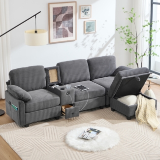 Flieks 3-Sitzer Schlafsofa, Ecksofa, Großes Cord-Sofa mit 2 Cup-Halter + Stauraum, USB-C-Anschluss, Seitentasche, Stauschublade, beweglicher Stau-Ottoman, Dunkelgrau