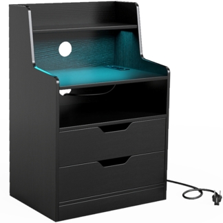 Nachttisch mit LED-Lichtern & Ladestation Beistelltisch mit 2 Schubladen & offenem Fach moderner Nachtschrank Schwarz