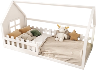 Kinderbett 90x200 cm Hausform, Kiefer + MDF, weiß – Flachbett mit spielerischem Design