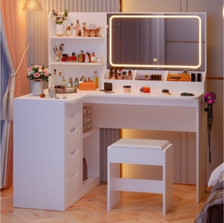 HOMALL Schminktisch LED-Schminktisch mit großer Ablagefläche und Hocker (Größe: 120*80*136 5 Schränke 8 Ablagefächer mit Steckdosen, Haartrocknerhalter)