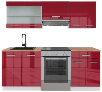 Küchenzeile R-Line Rot Hochglanz/Weiß 200 cm , AP Eiche Vicco