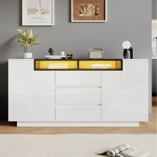 Merax Sideboard Hochglanz mit LED-Beleuchtung und verstellbaren Böden (Weiß + Schwarz, 1 St, 140×60×48 cm), Kommode mit 2 L-förmigen Türen, 3 Schubladen & halboffenen Ablagen