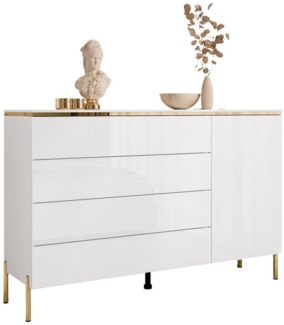 ALLHOUSE24 Kommode PEONY weiß Hochglanz Goldchrom Beine Schubladen Sideboard BERLIN, Breite 140 cm