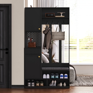 Merax Garderobenset, Komplett-Set Flurgarderobe mit Sitzbank, 4 Haken, Türen & Schubladen - Schwarz