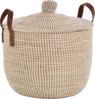 Krines Home Aufbewahrungskorb Handgearbeiteter Seegras Dekokorb mit Deckel Aufbewahrung Flechtkorb, Korb Natur mit weißen Wicklungen Rund (Hell Natur, Rund)