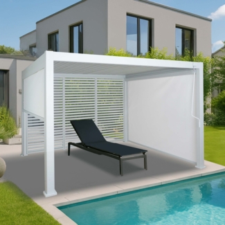 Alu Pergola HWC-N94 mit 2x Seitenwand 1x Lamellenwand, Pavillon stabiles 10cm-Metall-Gestell 3x3m ~ weiß