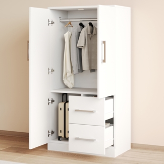 Merax Kleiderschrank Kinderkleiderschrank, Einzelkleiderschrank, Doppeltür-Design mit Schubladen und Staufächern, Weiß