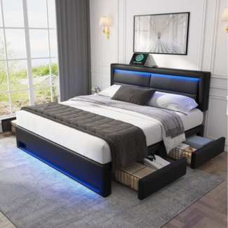 HAUSS SPOLE Polsterbett 140x200 cm, mit USB-Anschluss, LED-Beleuchtung, 4 Schubladen, Schwarz (ohne Matratze), mit USB-Anschluss (kabelloses/kabelgebundenes), Verstellbares Kopfteil