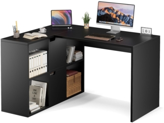 Sweetcrispy L-Form Schreibtisch mit Regal & Schrank, 120 x 100 x 75 cm Eckschreibtisch, Starker Gaming Tisch mit Ablageflächen, Einfacher Montage, Schwarz