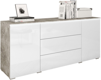 Kommode Doppo 150 (Farbe: Beton Smart / Weiß Hochglanz, mit weißer LED Beleuchtung)