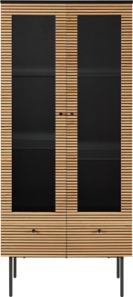 Vitrine 79 x 43 cm MDF Schwarz Eichenholzfurnier geriffelt 2 Türig mit Glas