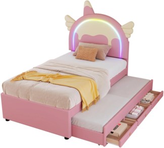 Polsterbett mit Stauraum und LED-Beleuchtung, 90x200 cm, Kopfteil höhenverstellbar, Kinderbett, Einzelbett, Kunstleder