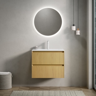 Badezimmer-Waschtisch, Wandmontie mit Weißes Rechteckigem Keramik-Unterbauwaschbecken Gestreifter Sperrholz Schrank mit 2 Schubladen Vormontiert, Sperrholz/Keramik, Collora Holzmaserung, 61cm
