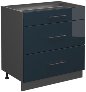 Vicco Schubunterschrank Dunkelblau Hochglanz 80 cm mit 3 Schubladen, AP Eiche, Fame-Line