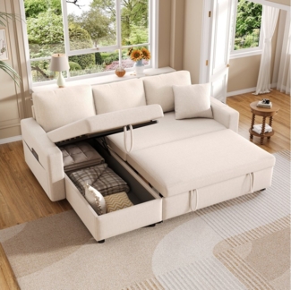 Ulife Schlafsofa L-förmiges Sofa, Chaiselongue mit Stauraum, mit Taschenaufbewahrung, 1 Teile, links und rechts austauschbare Chaiselongue. Beige.