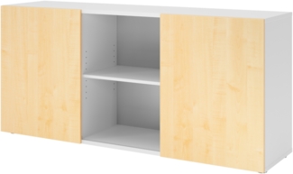 bümö Schwebetürenschrank, Sideboard Weiß/Ahorn - Büromöbel Sideboard Holz 160cm breit, 42cm schmal, Büro Schrank mit Schwebetür für Flur oder als Wohnzimmer-Kommode, 1780-W-3