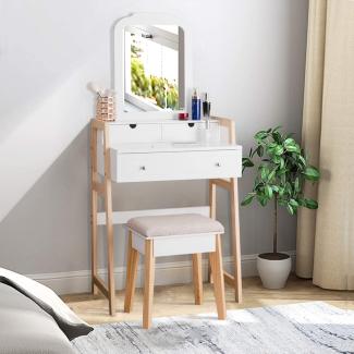 COSTWAY Schminktisch weiß/kiefer mit gepolstertem Hocker, 3 Schubladen und einstellbarem Spiegel