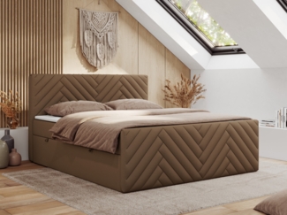 Boxspringbett mit zwei Bettkästen, 7 Härtezonen Multipocket-Matratzen, dekoratives Kopfteil und Front, Doppelbett - PARIS DUO - 200 x 200 cm - Braun Kunstleder - H4