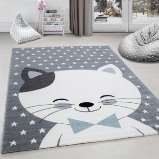 Carpettex Kinderteppich Niedliches Katze design, Rund, Höhe: 11 mm, Kinderteppich Katze Design Blau Baby Teppich Kinderzimmer Pflegeleicht