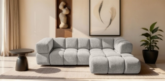Ecksofa Designersofa BLANCHE in Stoff Puente Beige Ottomane Rechts