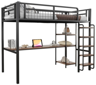 HAUSS SPOLE Hochbett 90x200 cm, mit Tisch und Regalen, Zaun, Sicherheitsleiter Schwarz (Metall-Hochbett,mit einzigartiger Sicherheitsleiter, unter dem Bett Tisch und Regale, robustes Metallgestell mit Sicherheitsgitter, ideal für Kinderzimmer und Jugen...