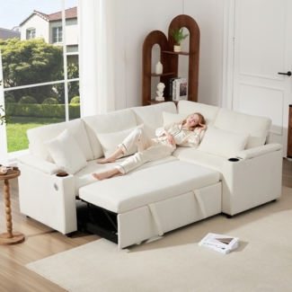 Ecksofa mit Récamiere rechts & Schlaffunktion,Ausziehbares Schlafsofa mit Stauraum, USB-Anschluss & 4 Kissen, Chenille Bezug