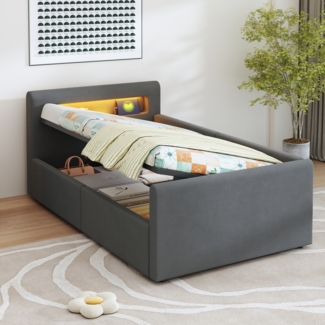 Merax Polsterbett Einzelbett Kinderbett 90*200 cm, Mit LED-Licht, Mit Nachtlicht und USB-Ladeanschluss, Mit Regal, Mit Hydraulischem Stauraum, Samt, Dunkelgrau
