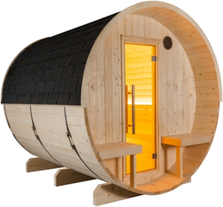 Sentiotec Kuusi 240 Canopy Fasssauna aus Fichte Gartensauna mit Dacheindeckung Ø 220 x 240 cm