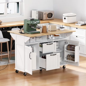 Merax Kücheninsel mit Rollen, Ausziehbarer Esstisch, Bewegliche Kücheninsel mit Schubladen und Handtuchhalter, Mobile küchenwagen mit Steckdosenleisten, Weiß