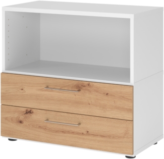 bümö flexi Aktenschrank klein mit 2 Schubladen & 1 Regalfach in Weiß/Asteiche, Büroschrank mit werkzeuglosem Schnellmontage-Klicksysten in modularer Bauweise, FW28S2KG-W-R-BS