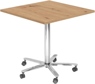 bümö Säulenhubtisch höhenverstellbar, Stehtisch Büro, Bistrotisch eckig 80 x 80 cm - Besprechungstisch Asteiche, Stehtisch Holz-Platte, Säule aus Metall verchromt, Säulentisch, Hochtisch, ST88-R-C