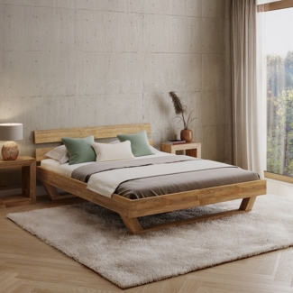 skølm 'Nornir' Bett 120x200 cm, Bettgestell, natur geölt, Massivholzbett aus Eiche mit Holzkufen, Doppelbett mit Streben Bettkopf