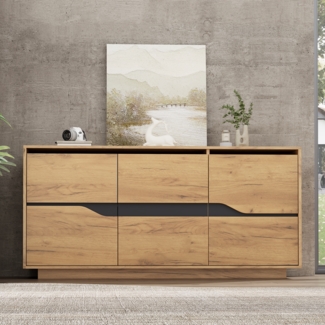 Merax 140cm Sideboards Mit 3 Türen, Esszimmerschrank mit verstellbaren Trennwänden, breite grifflose Schließfächer, vielseitig einsetzbar Sofa-Beistellschrank, Holzfarbe + Schwarz