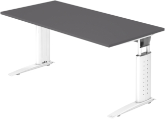 bümö höhenverstellbarer Schreibtisch U-Serie 160x80 cm in graphit, Gestell in weiß - PC Tisch für's Büro manuell höhenverstellbar, Computertisch verstellbar, US-16-G-W