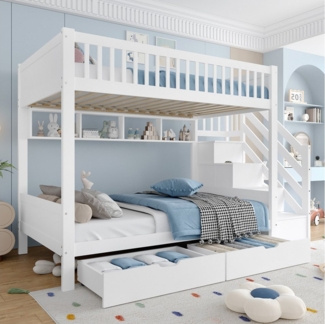 TavilaEcon Etagenbett mit Kleiderschrank & Stauraum, hochwertiges Kiefernholz & LVL-Material, mit Doppelschubladen