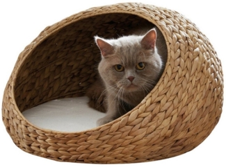 Dekoleidenschaft Tierbett "Kuschelhöhle" aus Wasserhyazinthe, Katzenbett, Hundebett inkl. Kissen, Schlafkorb, Hhaustierbett, Haustierkörbchen, Kuschelbett, Katzenhöhle