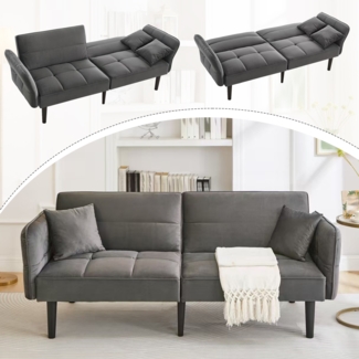 Merax 2-in-1 Verstellbares Schlafsofa – Zweisitzer mit Samtbezug, klappbaren Armlehnen & Schlaffunktion, ideal für kleine Räume, Grau