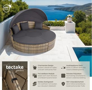 tectake Loungeset Rattan Sonneninsel Santorin - UV-beständig und widerstandsfähig, (Gartenlounge-set Santorin, 5-tlg, geeignet für Outdoor in Natur), klappbares Sonnendach & höhenverstellbare Füße