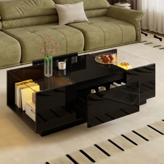 Merax 105 cm Couchtisch mit Stauraum, LED-Stimmungsbeleuchtung, Glasplatte und 2 Schubladen, Schwarz