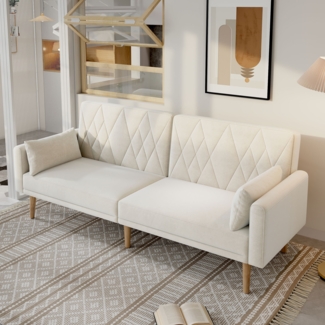 Sofa, Sitzfläche 160 x 54 x 42 cm, Beige Samtstoff (Velvet), 3‑fach verstellbare Rückenlehnen & 5‑stufige Armlehnen, Schlafsofa 180 x 75 x 82 cm