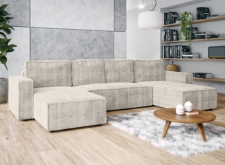 AX LIVING Aydin U Sofa Wohnlandschaft mit Schlaffunktion U Form Creme
