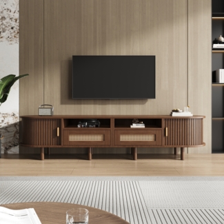 Merax 170cm Ovaler TV-Ständer und Fernsehtisch, TV-Schrank mit 2 Rattan Design Schubladen, 2 Schiebetür, Lowboard und Fernsehtisch bis zu 70 Zoll, Nussbaum