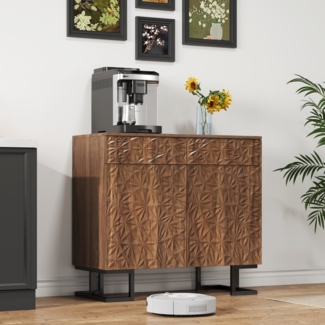 Merax Sideboard Kommode 80×40×78cm–Dunkle Walnussoptik mit Blätterrelief–Metallbeine, 2 Schubladen & 2 Türen